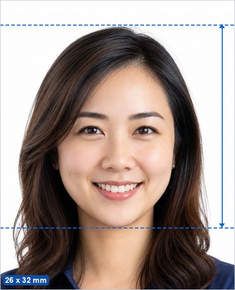 26 x 32 mm photo example: a 26 x 32 mm photo with the head 20–25 mm tall, centred on a plain background.