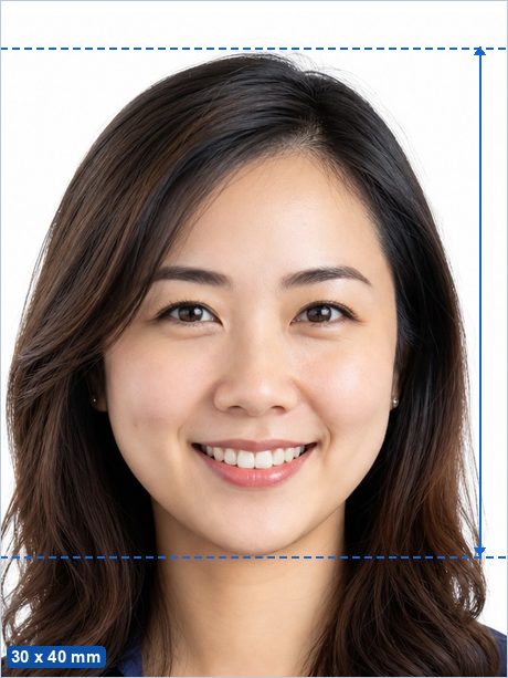 3 x 4 cm photo example: a 3 x 4 cm photo with the head 28–32 mm tall, centred on a plain background.