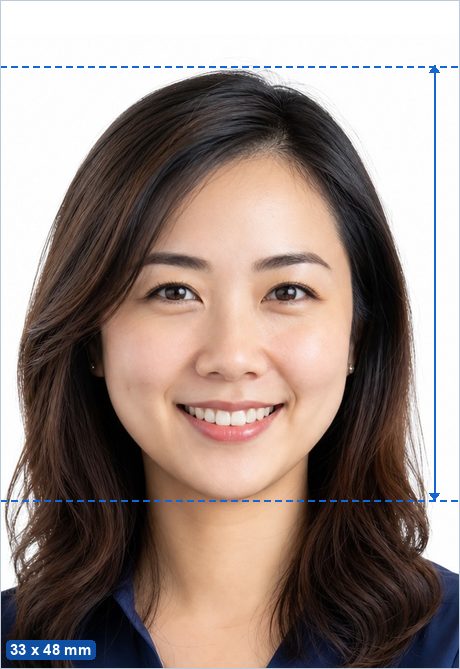 33 x 48 mm photo example: a 33 x 48 mm photo with the head 28–33 mm tall, centred on a plain background.