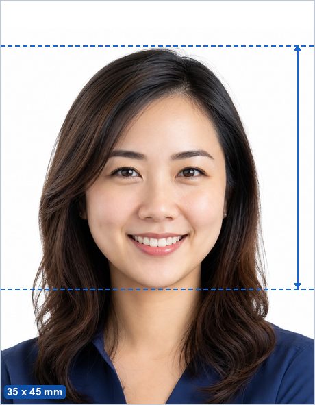 Dutch ID Card Photo (Identiteitskaart) example: a 35 x 45 mm photo with the head 26–30 mm tall, centred on a plain background.