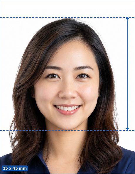 Singapore Passport & ID Photo example: a 35 x 45 mm photo with the head 25–35 mm tall, centred on a plain background.
