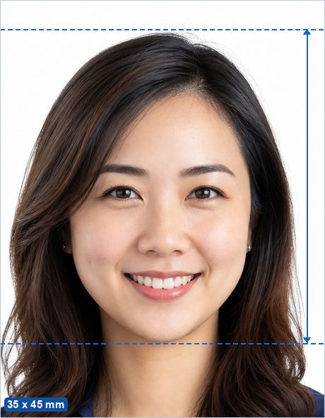 Schengen Visa Photo example: a 35 x 45 mm photo with the head 32–36 mm tall, centred on a plain background.