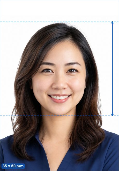 35 x 50 mm photo example: a 35 x 50 mm photo with the head 25–30 mm tall, centred on a plain background.