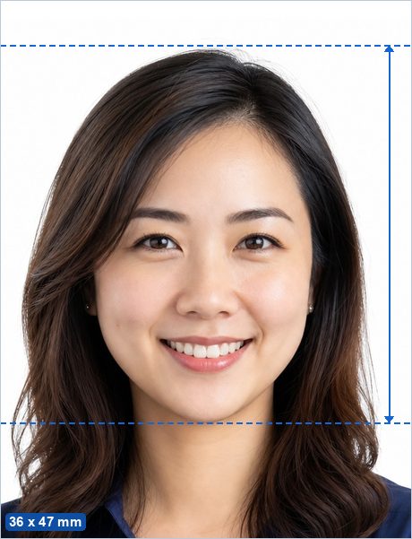 36 x 47 mm photo example: a 36 x 47 mm photo with the head 32–36 mm tall, centred on a plain background.