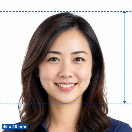 4 x 4 cm photo example: a 4 x 4 cm photo with the head 25–31 mm tall, centred on a plain background.