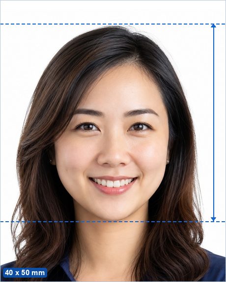 40 x 50 mm photo example: a 40 x 50 mm photo with the head 32–36 mm tall, centred on a plain background.