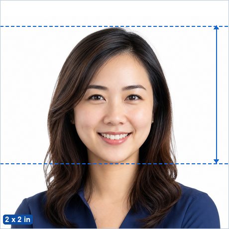 2 x 2 inch photo example: a 2 x 2 in (51 x 51 mm) photo with the head 25–35 mm tall, centred on a plain background.