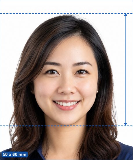 50 x 60 mm photo example: a 50 x 60 mm photo with the head 37–47 mm tall, centred on a plain background.