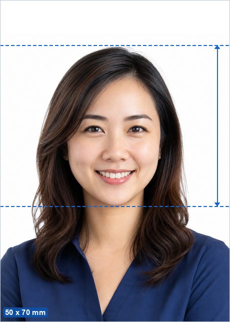 Canada PR Card Photo example: a 50 x 70 mm photo with the head 31–36 mm tall, centred on a plain background.
